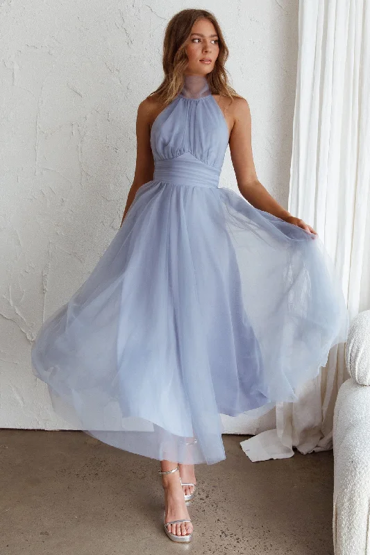 Andria Halterneck Tulle Midi Dress Blue