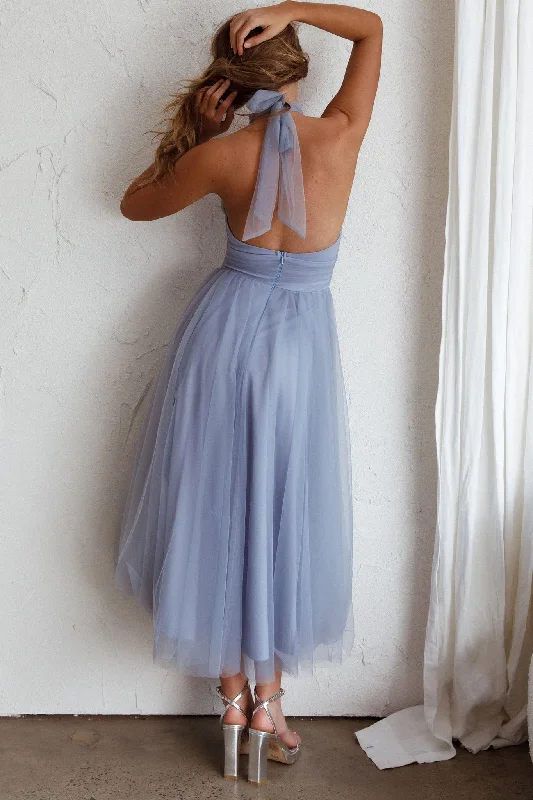 Andria Halterneck Tulle Midi Dress Blue