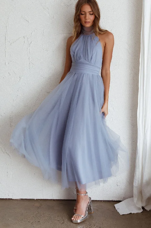 Andria Halterneck Tulle Midi Dress Blue