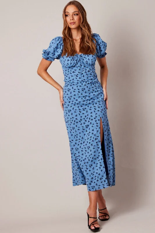 Blue Floral Midi Dress Puff Sleeve