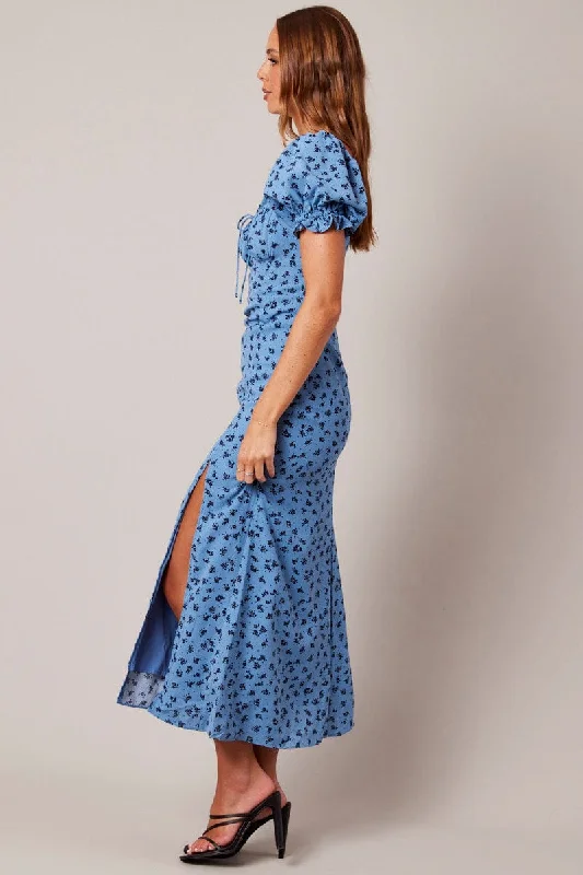 Blue Floral Midi Dress Puff Sleeve