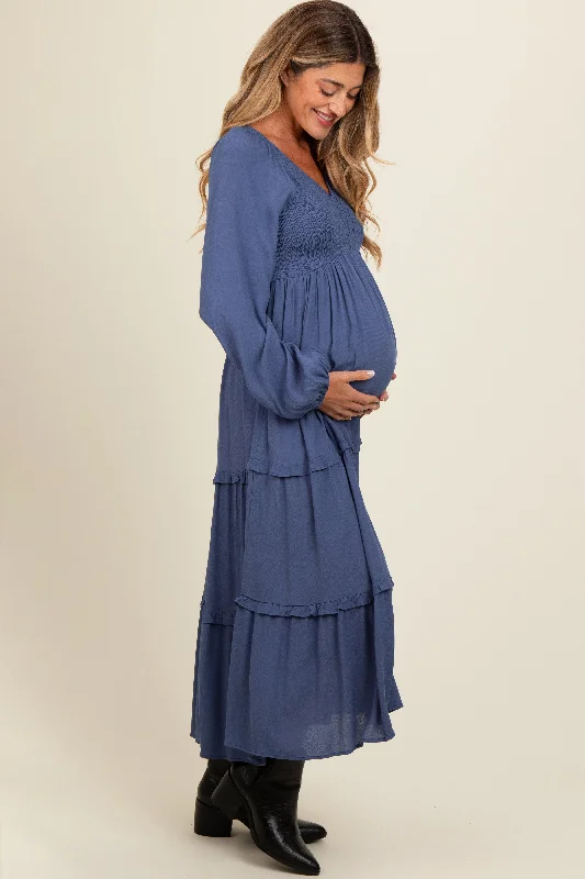 Blue Smocked Tiered Maternity Midi Dress