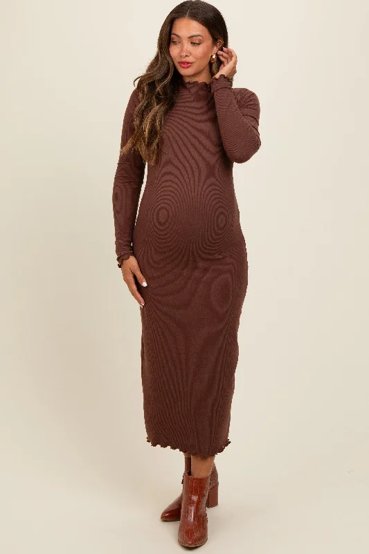 Brown Ruffle Mock Neck Long Sleeve Maternity Midi Dress