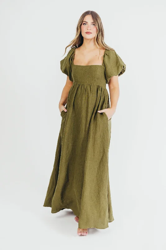 Candace Maxi Dress in Dark Olive - 100% Linen - Bump Friendly