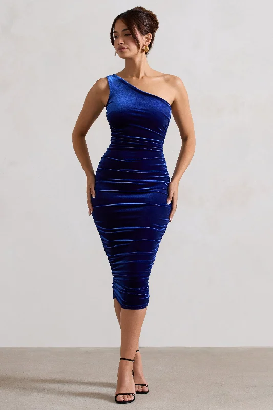 Back For More | Cobalt Blue One Shoulder Ruched Midi Dress