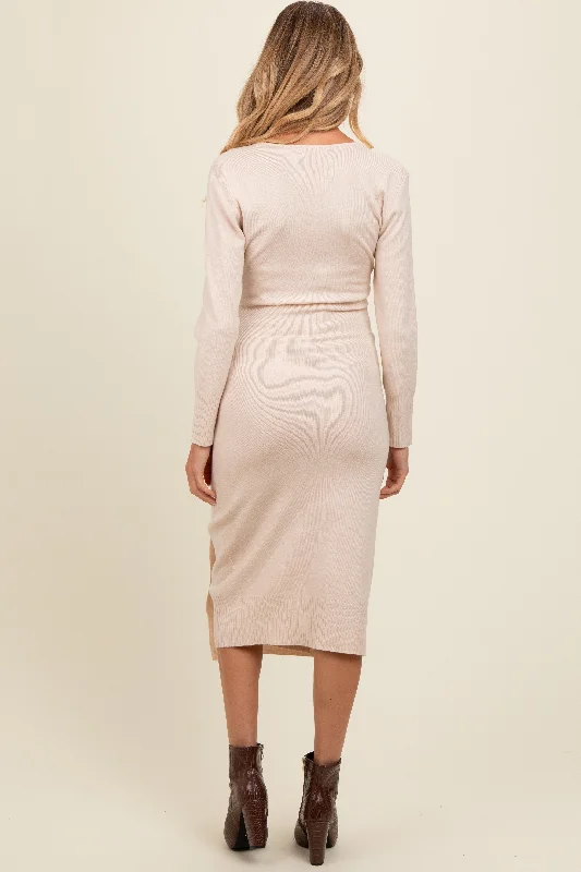 Cream Knit Crossover Ruched Maternity Midi Dress