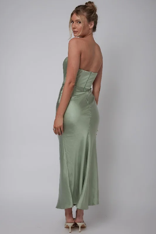 Encore Strapless Satin Maxi Dress Olive