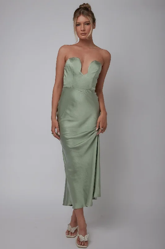 Encore Strapless Satin Maxi Dress Olive