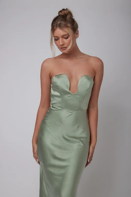 Encore Strapless Satin Maxi Dress Olive