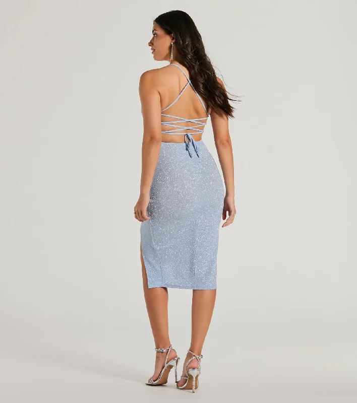 Glam Upgrade Lace-Up Bodycon Glitter Midi Dress