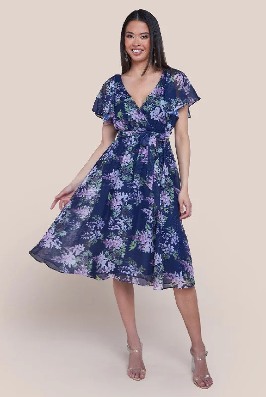 Goddiva Printed Lurex A-Line Flutter Sleeve Midi Dress - Navy Blue