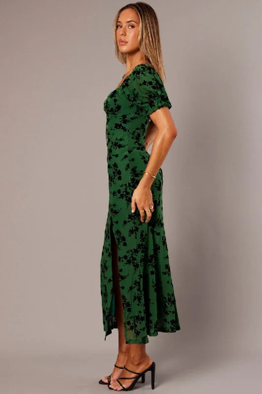 Green Midi Dress Puff Sleeve Burn Out