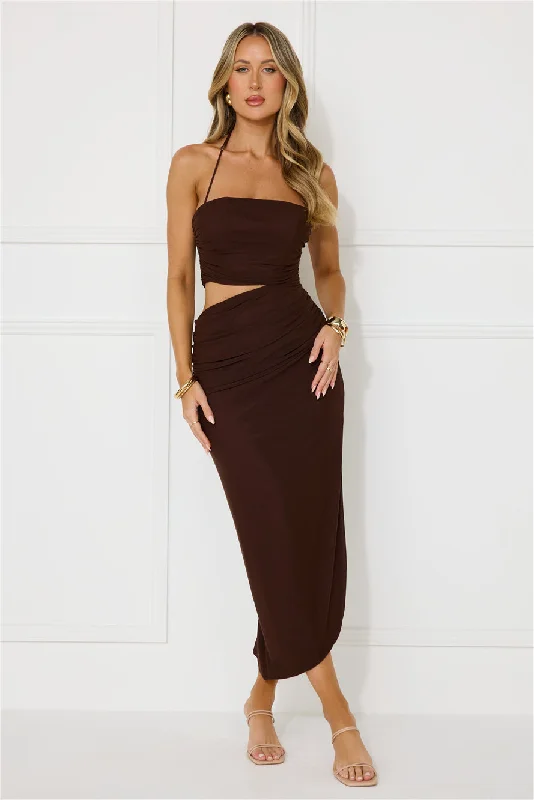 Midnight Enchantment Halter Mesh Midi Dress Brown