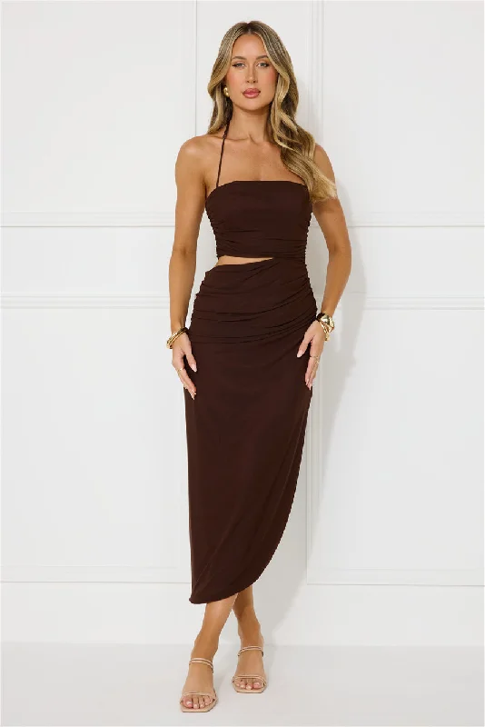 Midnight Enchantment Halter Mesh Midi Dress Brown