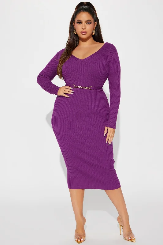 Rocking Baddie V- Neckline Midi Dress - Purple