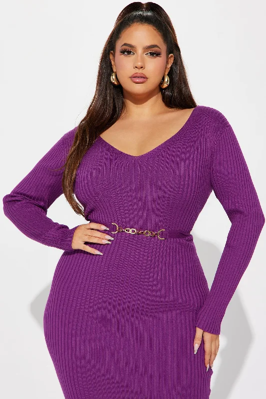 Rocking Baddie V- Neckline Midi Dress - Purple