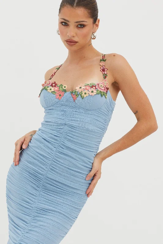 Rose Garden Ruched Mesh Midi Dress Blue