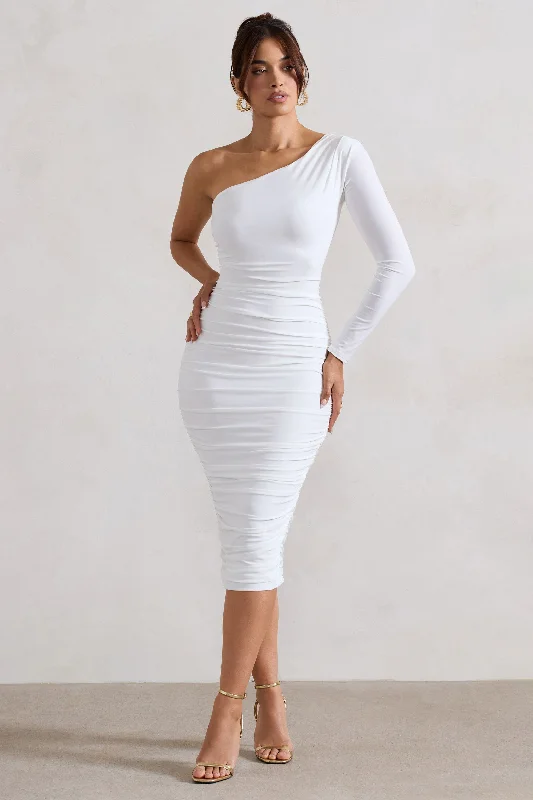 In The Shadows | White One Shoulder Midi Dress With Ruching