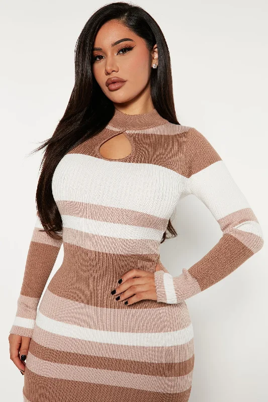 You're My Fave Striped Sweater Midi Dress - Taupe/combo