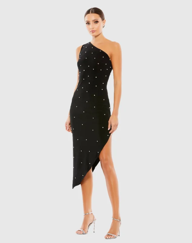 Rhinestone Encrusted One Shoulder Asymmetrical Hem Midi Dress