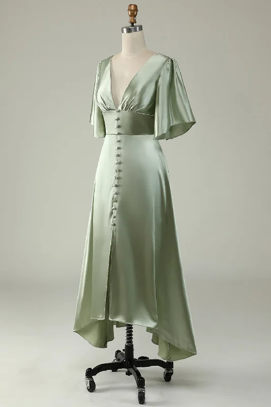 A Line Deep V Neck Light Green Bridesmaid Dress with Half Sleeves