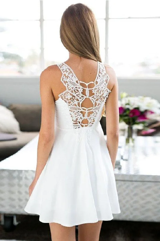 A-Line Jewel Short White Satin Homecoming Dress with Lace PG159