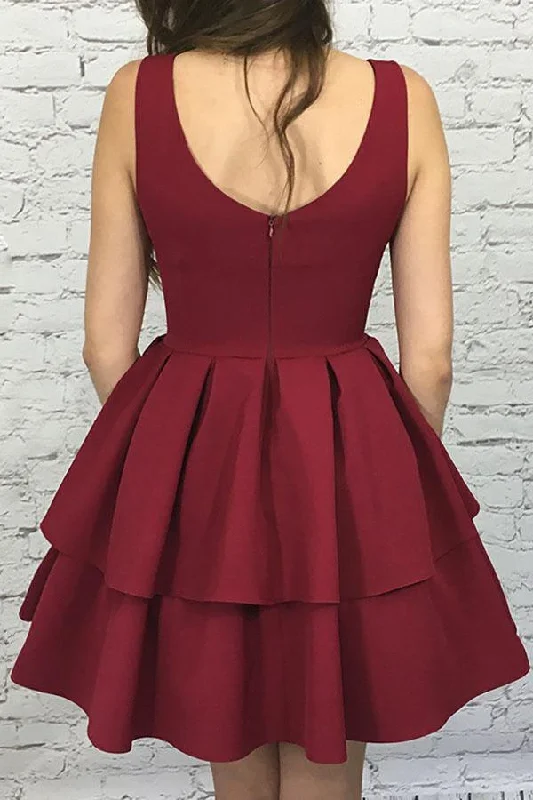 A-Line Scoop Short Burgundy Tiered Elastic Satin Homecoming Dress PG193