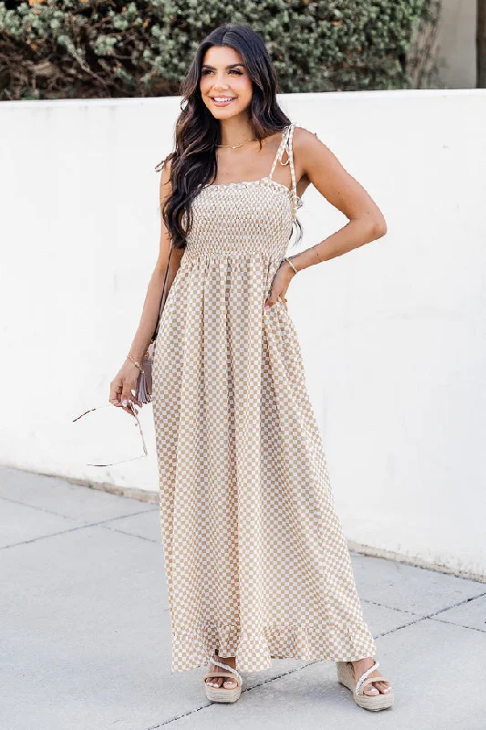 All Good Things Taupe Checkered Maxi Dress