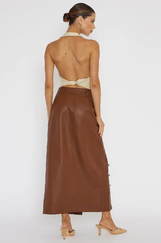 Angelica Button-Up Faux Leather Midi Skirt Brown