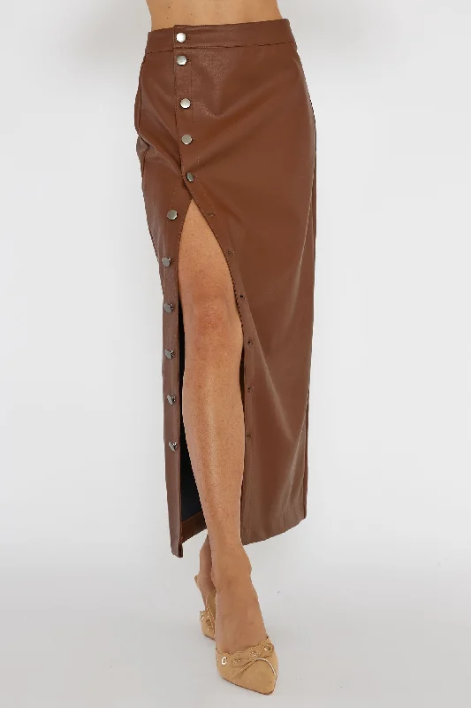 Angelica Button-Up Faux Leather Midi Skirt Brown