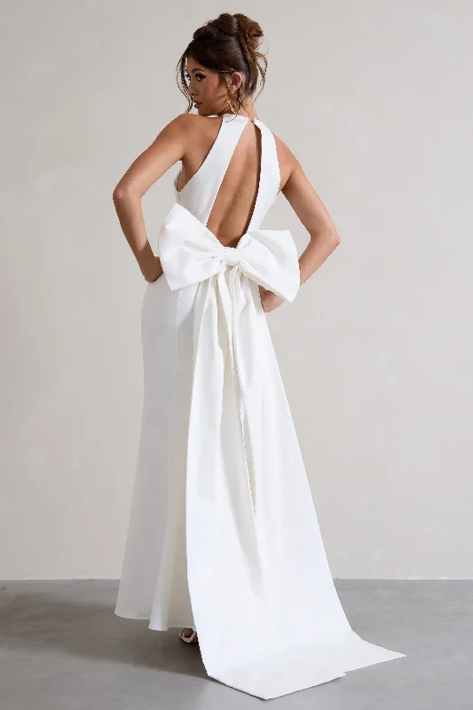 Bestow | White Open-Back Maxi Dress With Oversized White Bow