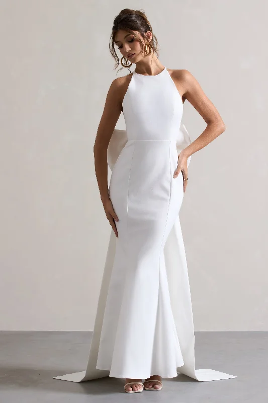 Bestow | White Open-Back Maxi Dress With Oversized White Bow