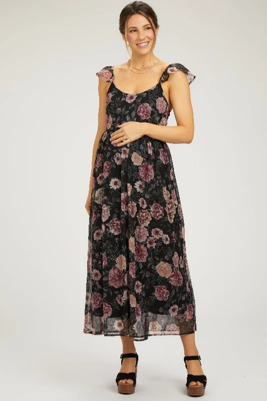 Black Floral Chiffon Back Tie Maternity Maxi Dress