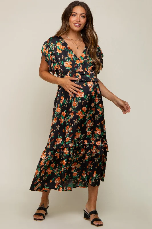 Black Floral Satin Ruffle Maternity Midi Dress