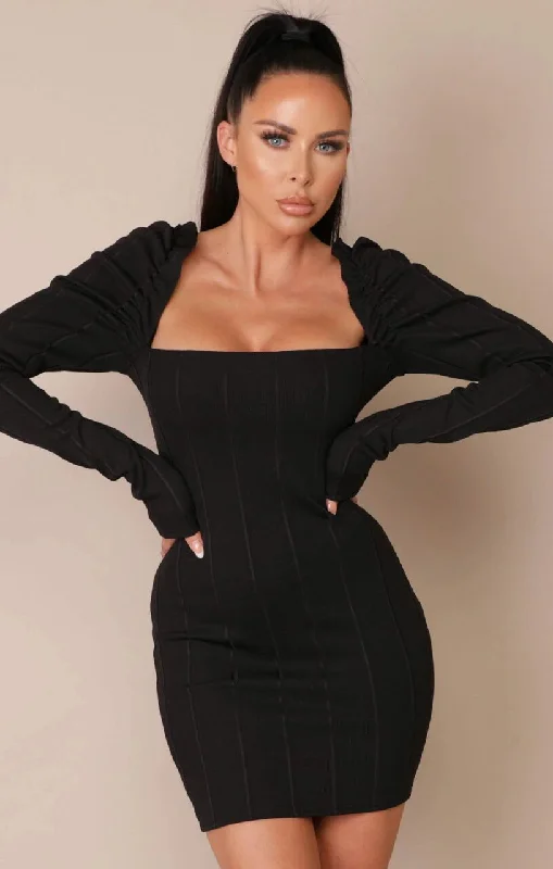 Black Frill Sleeve Ribbed Bodycon Mini Dress - Julieta