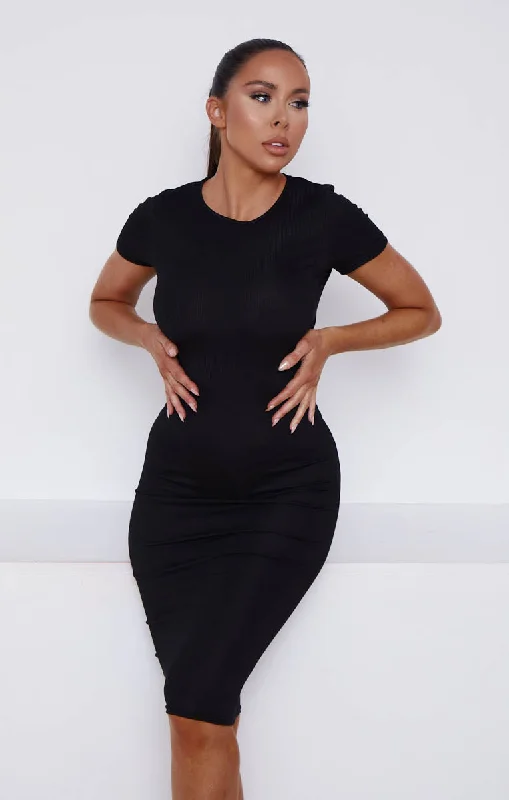 Black Round Neck Short Sleeve Bodycon Midi Dress - Giselle