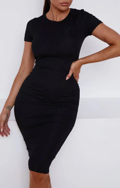 Black Round Neck Short Sleeve Bodycon Midi Dress - Giselle