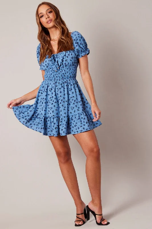 Blue Floral Fit And Flare Dress Puff Sleeve Mini Floral print