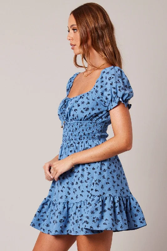 Blue Floral Fit And Flare Dress Puff Sleeve Mini Floral print