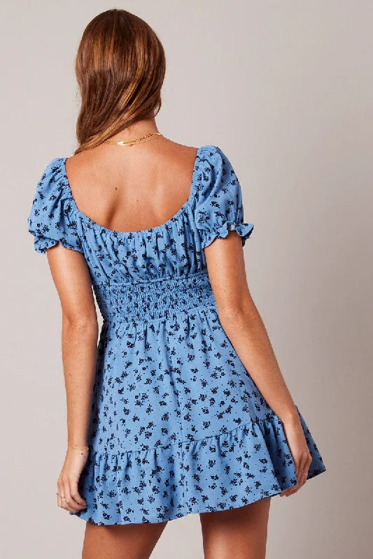 Blue Floral Fit And Flare Dress Puff Sleeve Mini Floral print