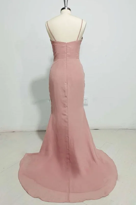 Blush Spaghetti Straps Chiffon Long Boho Bridesmaid Dress