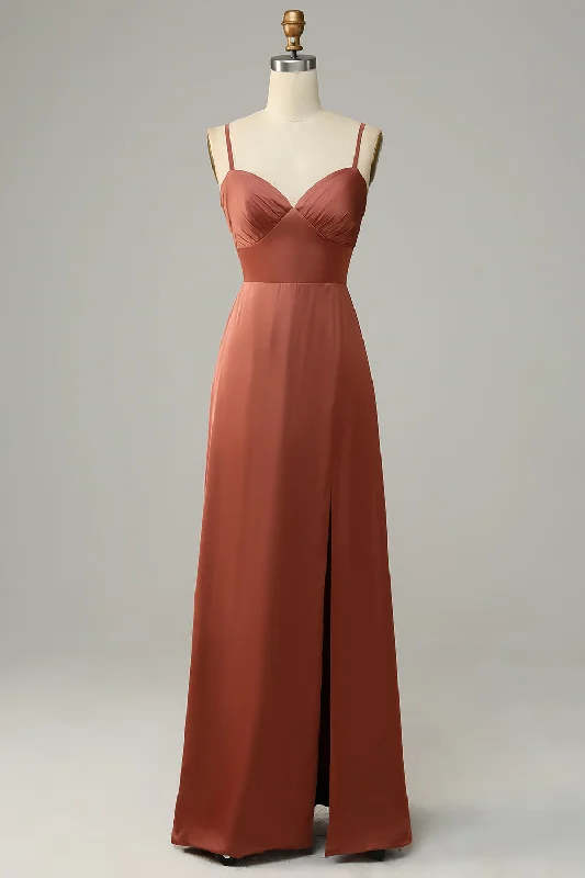 Brick Red Sheath Spaghetti Straps Satin Bridesmaid Dress With Slit