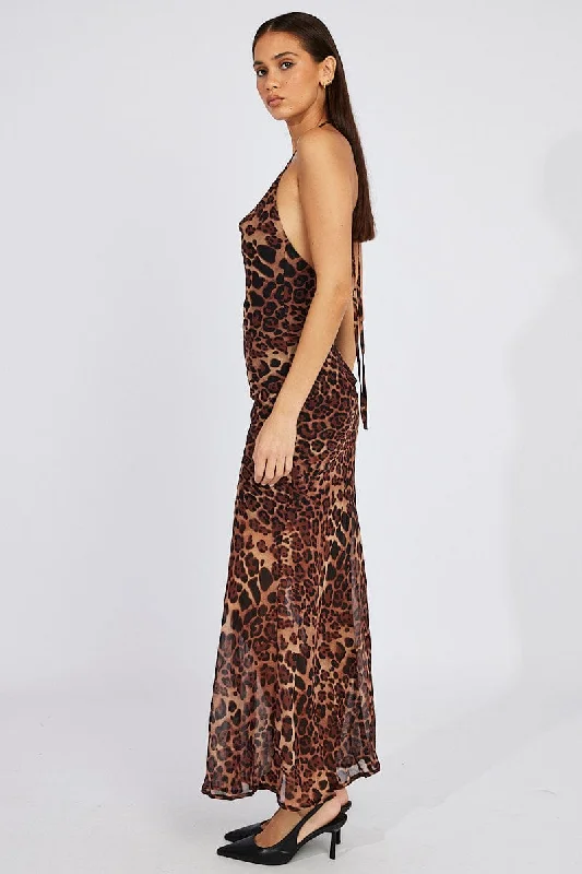 Brown Animal Print Leopard Maxi Halter Neck Mermaid Maxi Dress