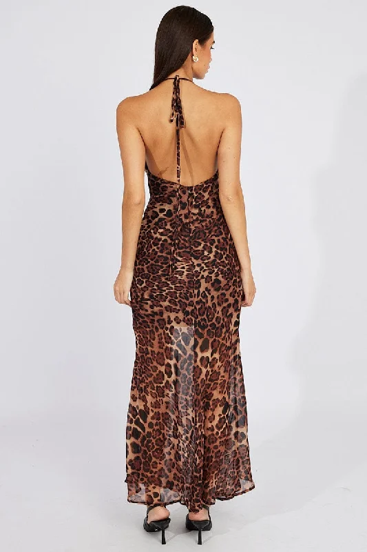 Brown Animal Print Leopard Maxi Halter Neck Mermaid Maxi Dress