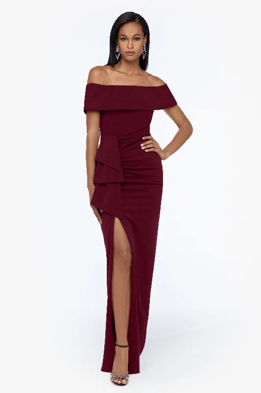 ""Camila"" Long Off the Shoulder Scuba Crepe Dress