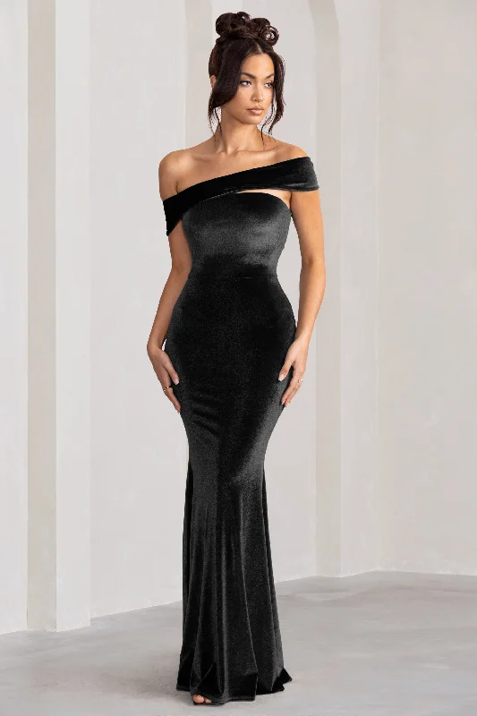 Candela | Black Velvet Asymmetric Bardot Maxi Dress