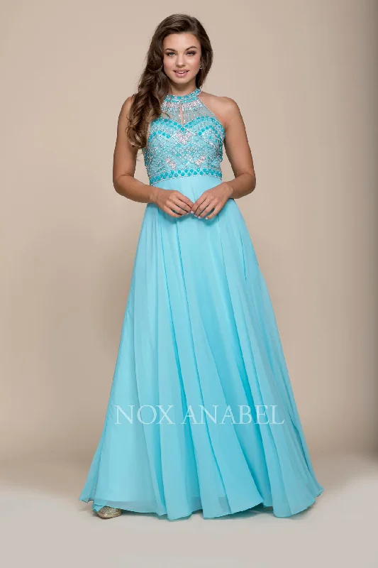 CHIFFON BEADED HIGH HALTER LONG A-LINE SPECIAL OCCASION DRESS BY 8286 NARIANNA