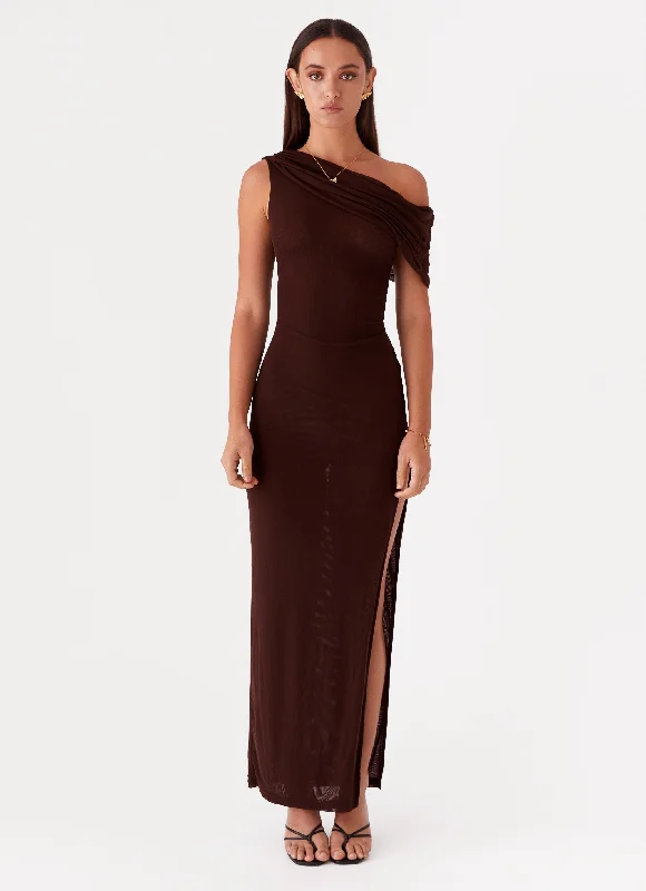 Ciara One Shoulder Draped Maxi Dress - Chocolate