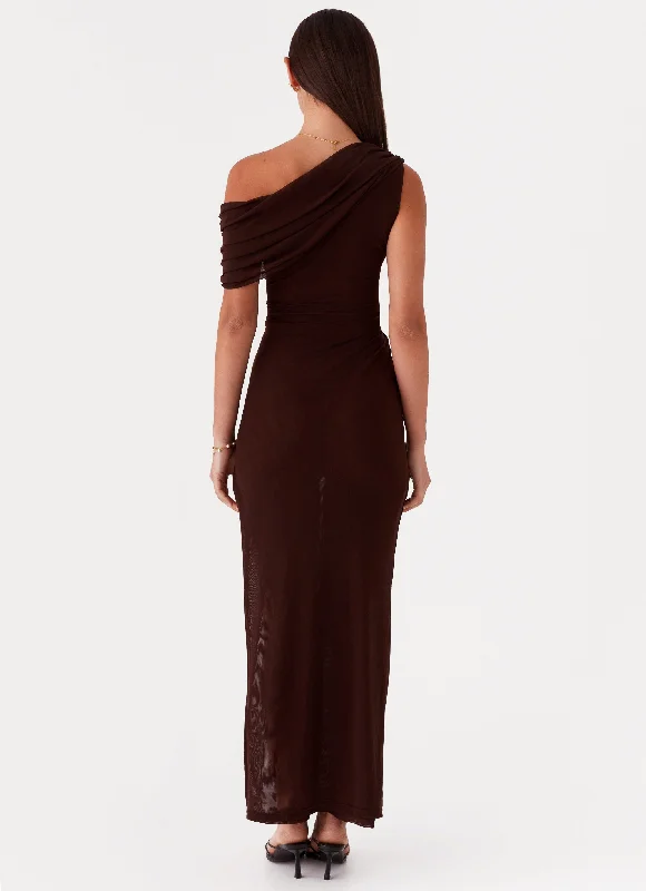 Ciara One Shoulder Draped Maxi Dress - Chocolate