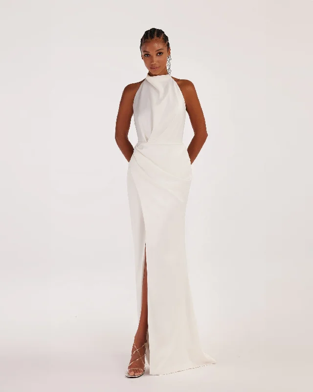 White Mock neck sleeveless low slit dress